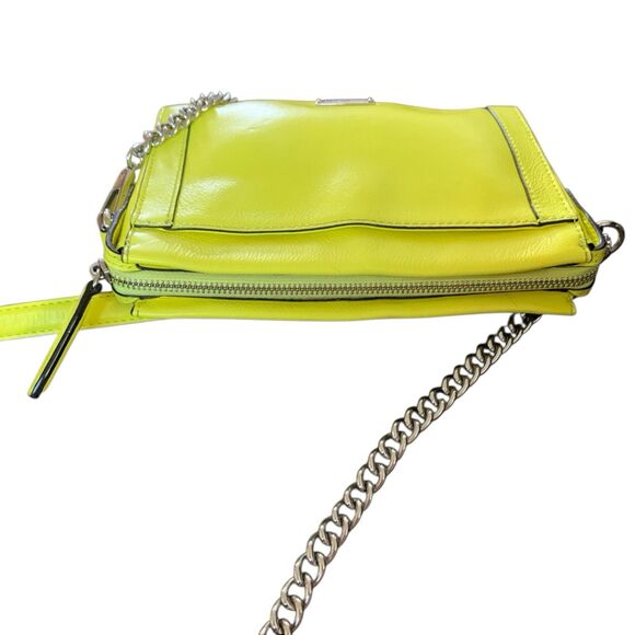 Rebecca Minkoff Leather Crossbody Bag Clutch  Zip Up Neon Yellow Silver Curblink - Picture 10 of 15